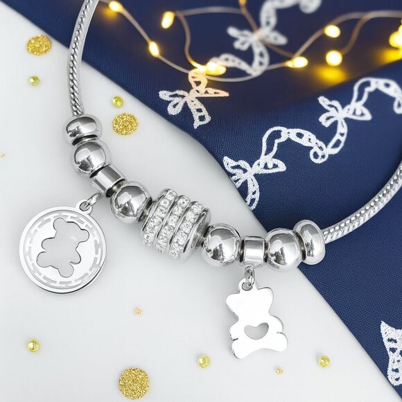 🆕️18K White Gold Plated Bear Charm Bracelet with Rhinestones Beads Trendy Gift - Picture 1 of 13